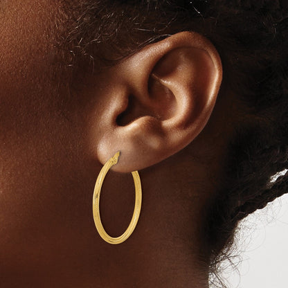 14K Yellow Gold Polished And Textured Twisted Tube Hoop Earrings