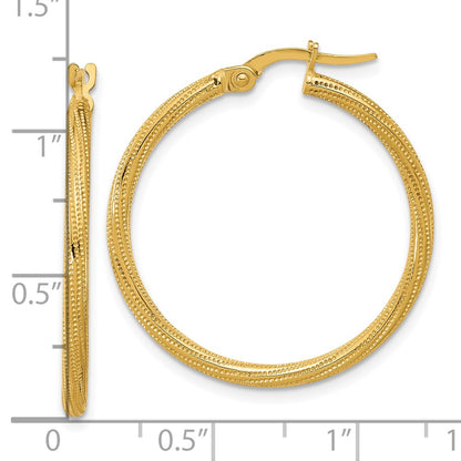 14K Yellow Gold Polished And Textured Twisted Tube Hoop Earrings