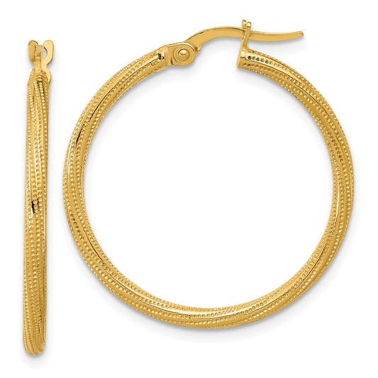 14K Yellow Gold Polished And Textured Twisted Tube Hoop Earrings
