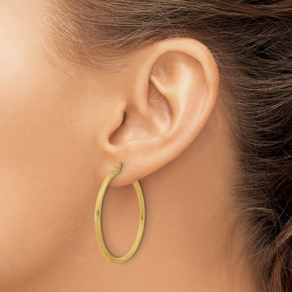 14K Yellow Gold Polished And Textured Twisted Tube Hoop Earrings