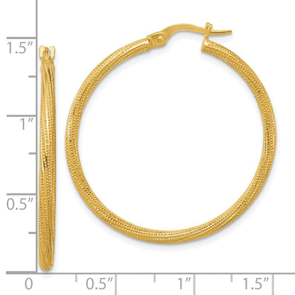14K Yellow Gold Polished And Textured Twisted Tube Hoop Earrings