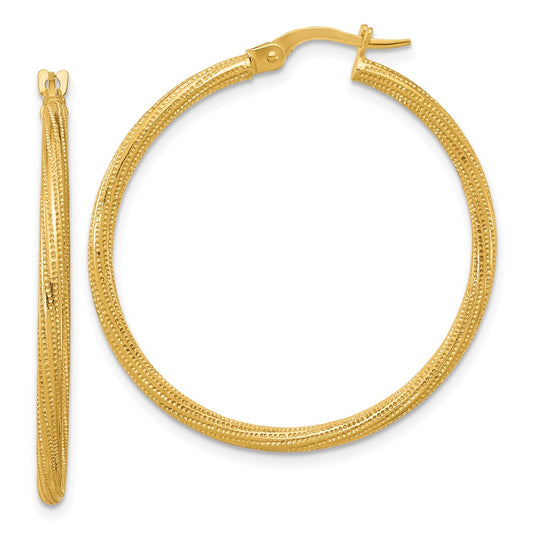 14K Yellow Gold Polished And Textured Twisted Tube Hoop Earrings