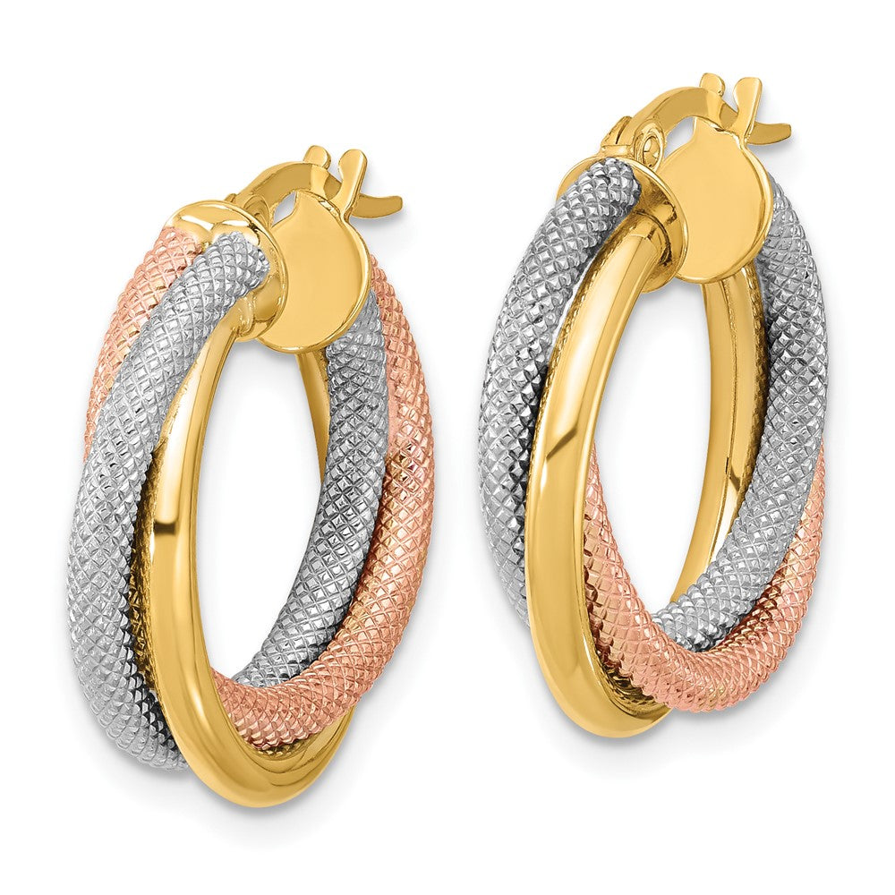 14K Yellow & Rhodium With White And Rose Gold Plating Twisted Tube Hoop Earrings