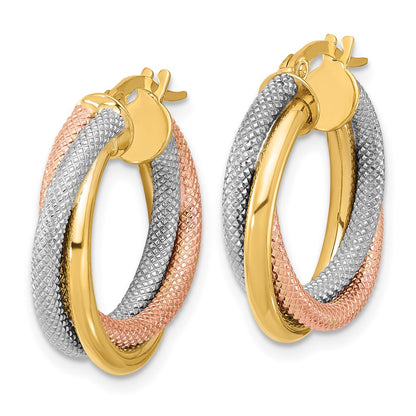 14K Yellow & Rhodium With White And Rose Gold Plating Twisted Tube Hoop Earrings