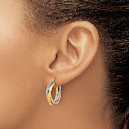 14K Yellow & Rhodium With White And Rose Gold Plating Twisted Tube Hoop Earrings