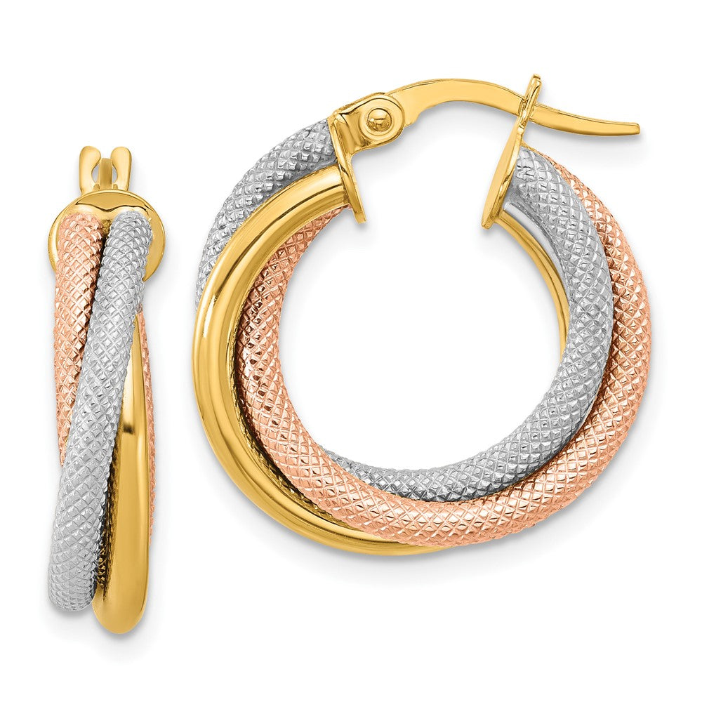 14K Yellow & Rhodium With White And Rose Gold Plating Twisted Tube Hoop Earrings