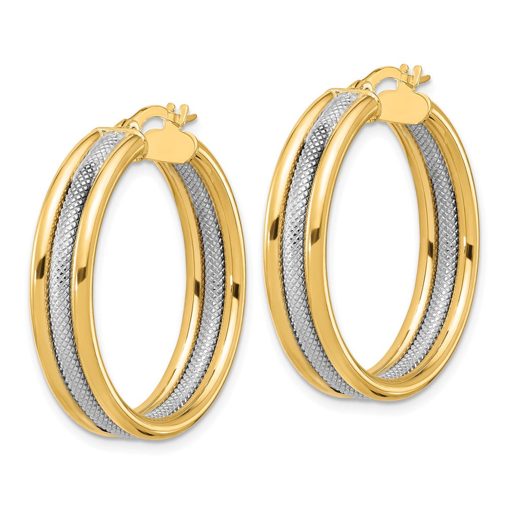 14K Yellow & Rhodium White Polished And Textured Triple Hoop Earrings