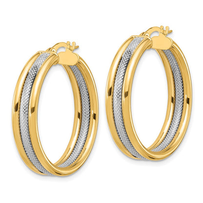 14K Yellow & Rhodium White Polished And Textured Triple Hoop Earrings