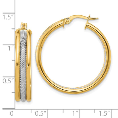 14K Yellow & Rhodium White Polished And Textured Triple Hoop Earrings