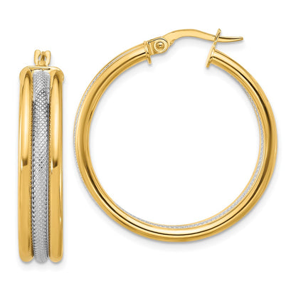 14K Yellow & Rhodium White Polished And Textured Triple Hoop Earrings