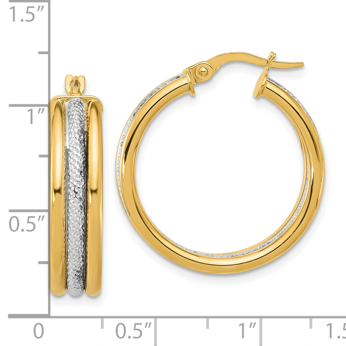 14K Yellow & Rhodium White Polished And Textured Triple Hoop Earrings