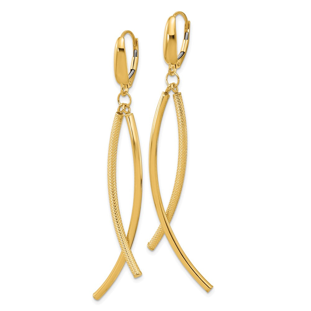 14K Yellow Gold Polished And Textured Tube Dangle Leverback Earrings