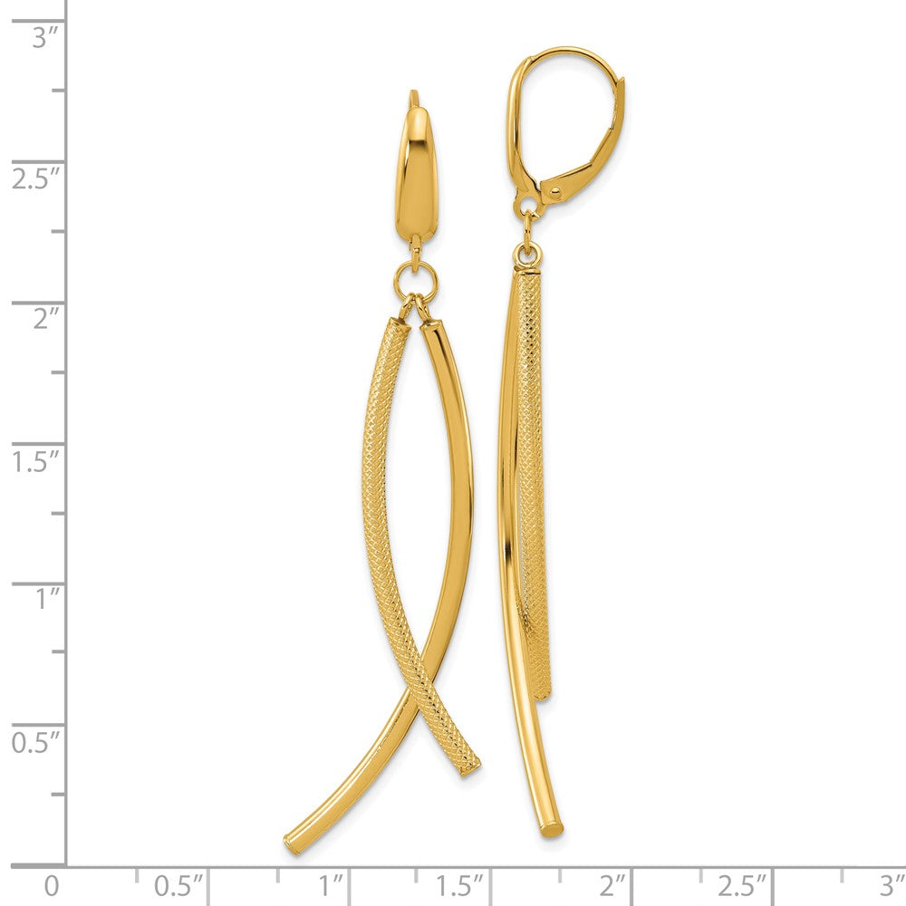 14K Yellow Gold Polished And Textured Tube Dangle Leverback Earrings
