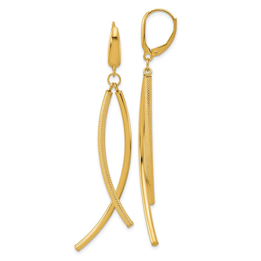 14K Yellow Gold Polished And Textured Tube Dangle Leverback Earrings