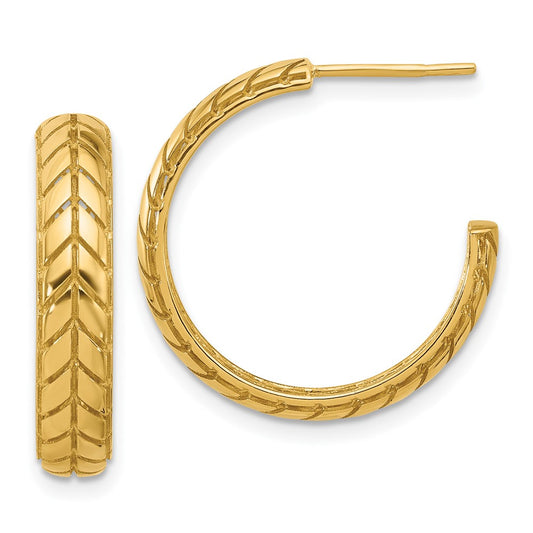 14K Yellow Gold Polished Design J Hoop Patterned Earrings