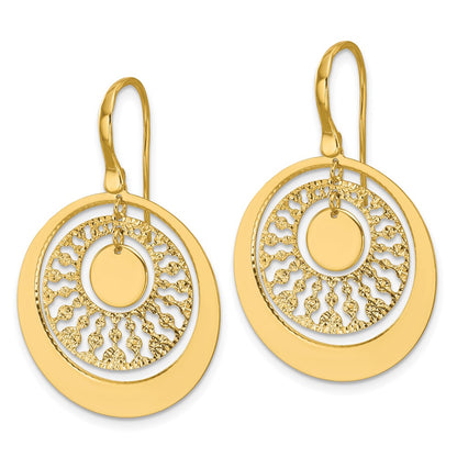 14K Yellow Gold Polished And Diamond Cut Circles Dangle Earrings