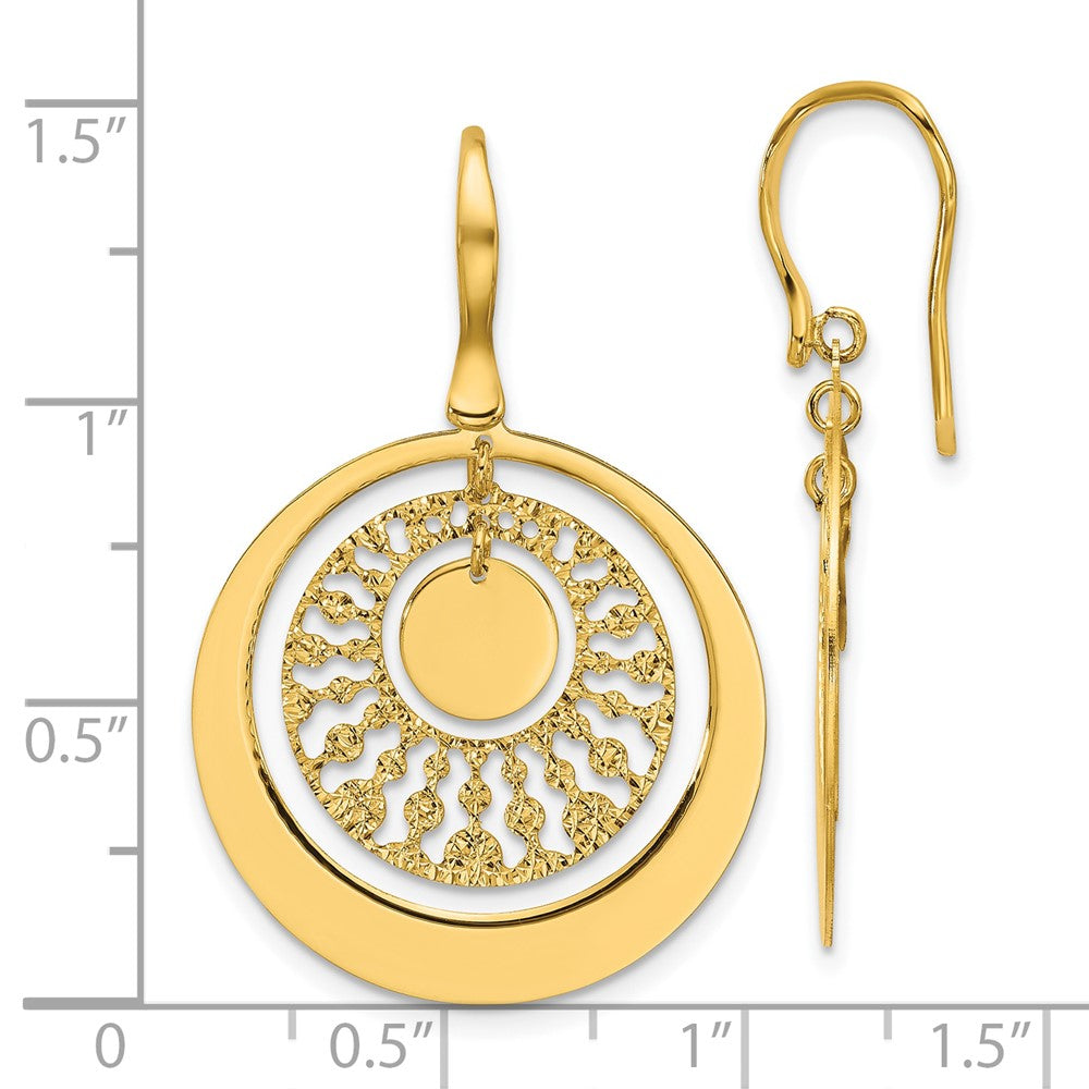14K Yellow Gold Polished And Diamond Cut Circles Dangle Earrings