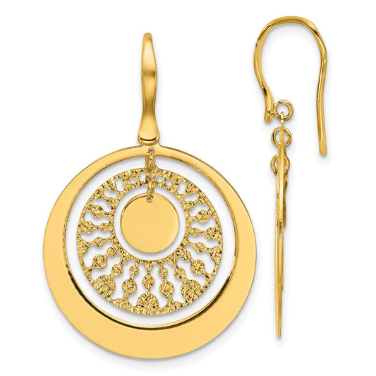 14K Yellow Gold Polished And Diamond Cut Circles Dangle Earrings