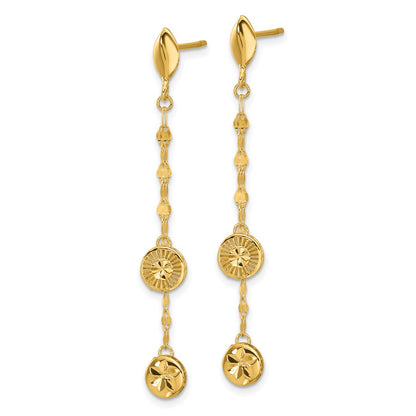 14K Yellow Gold Polished And Diamond Cut Disc Dangle Post Earrings