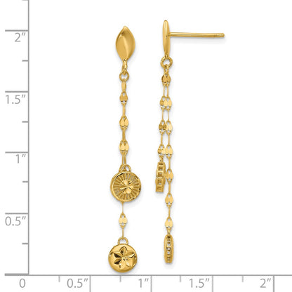 14K Yellow Gold Polished And Diamond Cut Disc Dangle Post Earrings