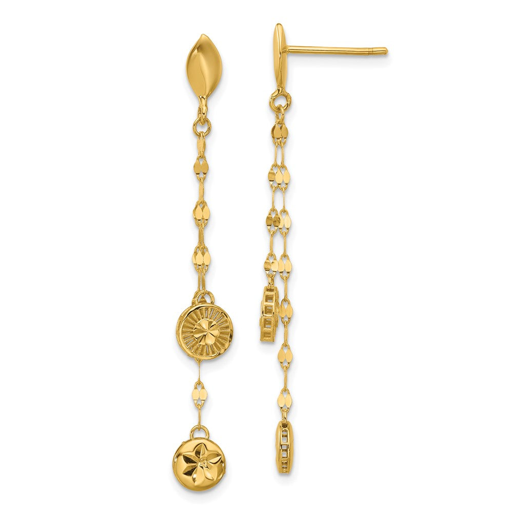 14K Yellow Gold Polished And Diamond Cut Disc Dangle Post Earrings