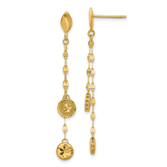 14K Yellow Gold Polished And Diamond Cut Disc Dangle Post Earrings
