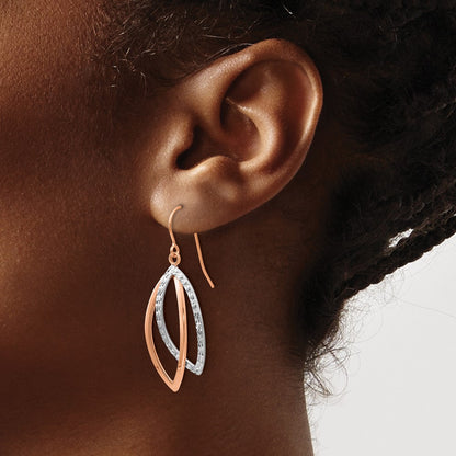 14K White/Rose Gold Two Tone Polish/Textured Wire Dangle Earrings