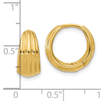 14K Yellow Gold Polished/Grooved Round Huggie Hoop Earrings