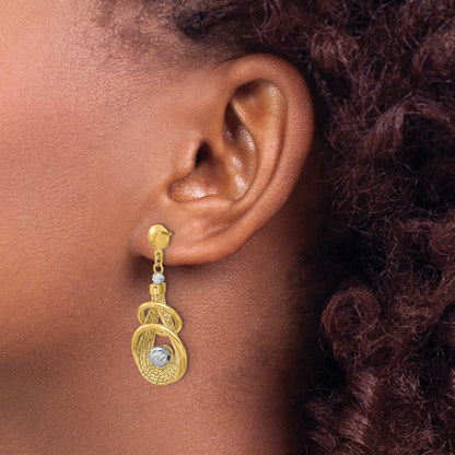 14K Two Tone Tt Polished/Dia Cut Fancy Teardrop Dangle Post Earrings