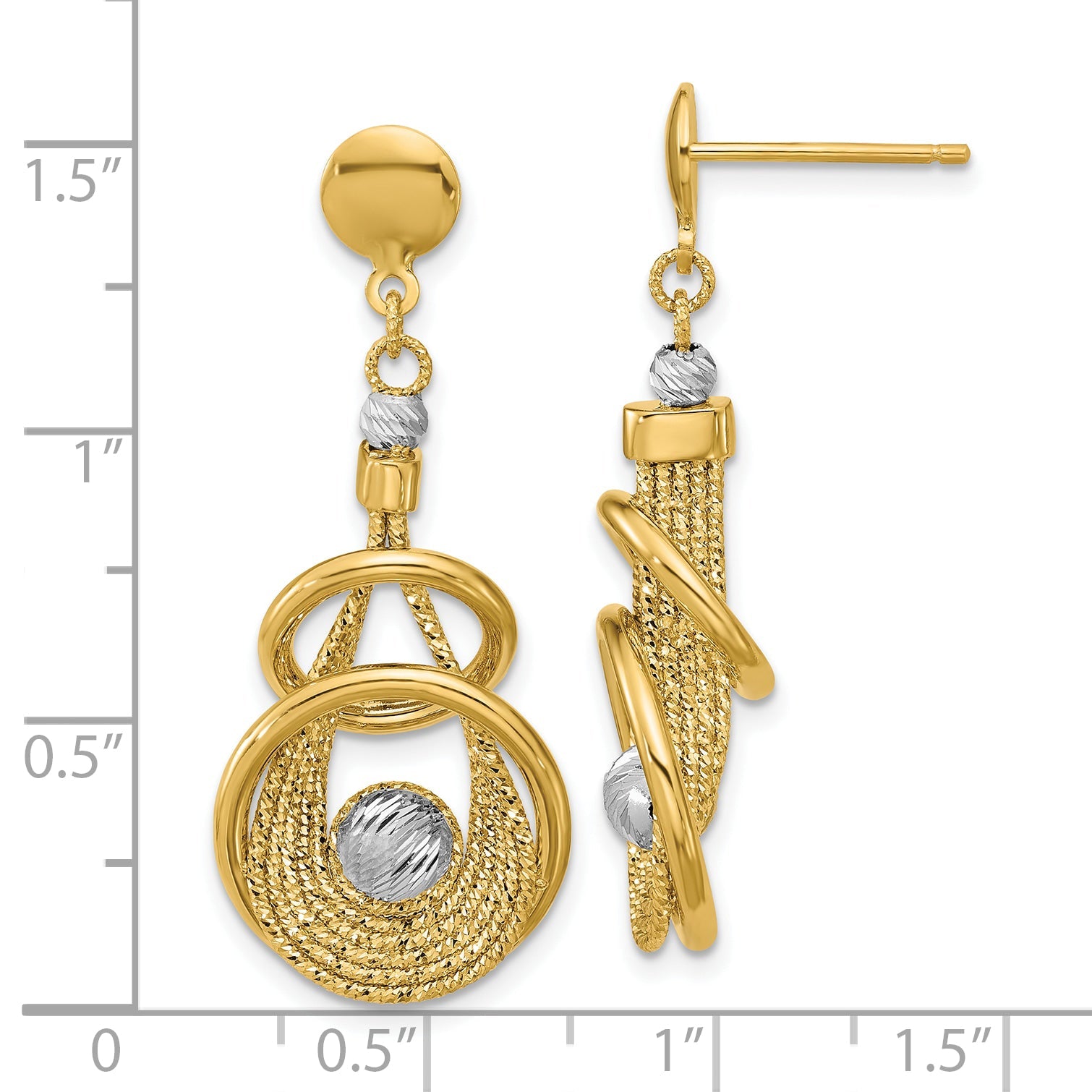 14K Two Tone Tt Polished/Dia Cut Fancy Teardrop Dangle Post Earrings