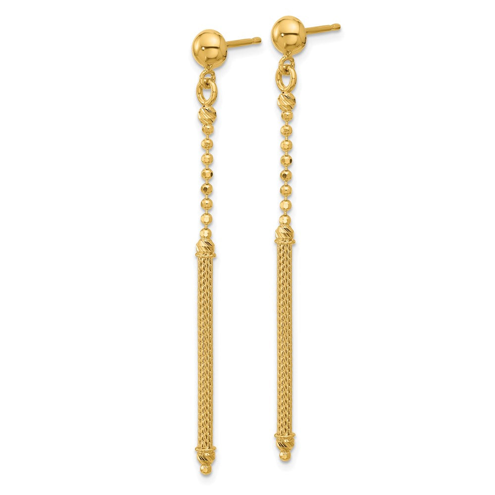 14K Yellow Gold Polish/Texture/Dia Cut Bead Bar Dangle Post Earrings