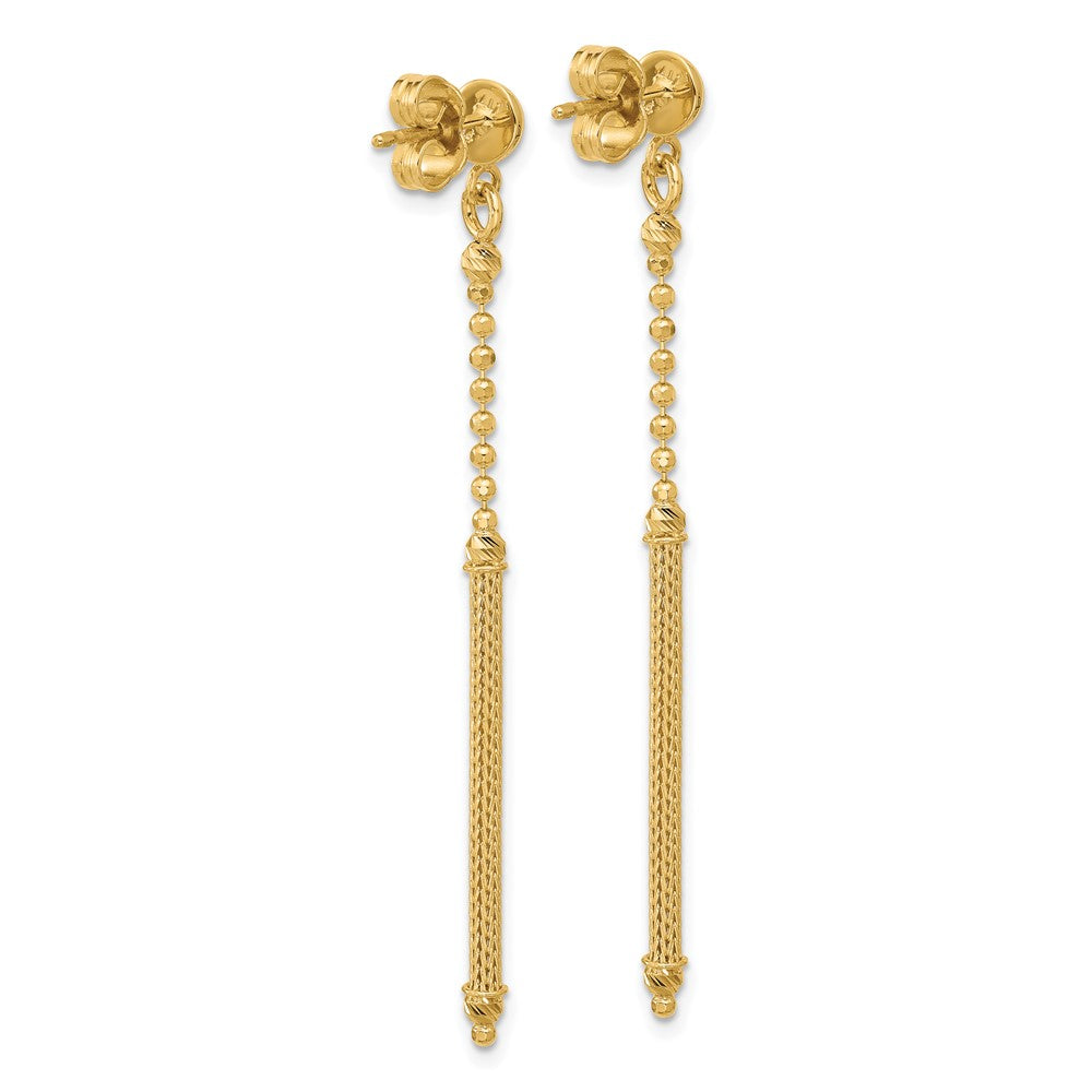 14K Yellow Gold Polish/Texture/Dia Cut Bead Bar Dangle Post Earrings