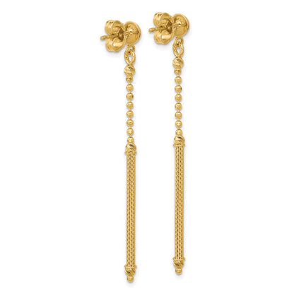 14K Yellow Gold Polish/Texture/Dia Cut Bead Bar Dangle Post Earrings