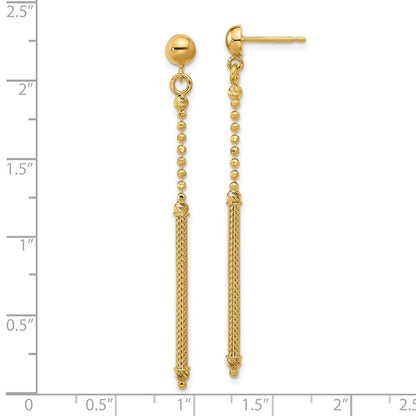 14K Yellow Gold Polish/Texture/Dia Cut Bead Bar Dangle Post Earrings