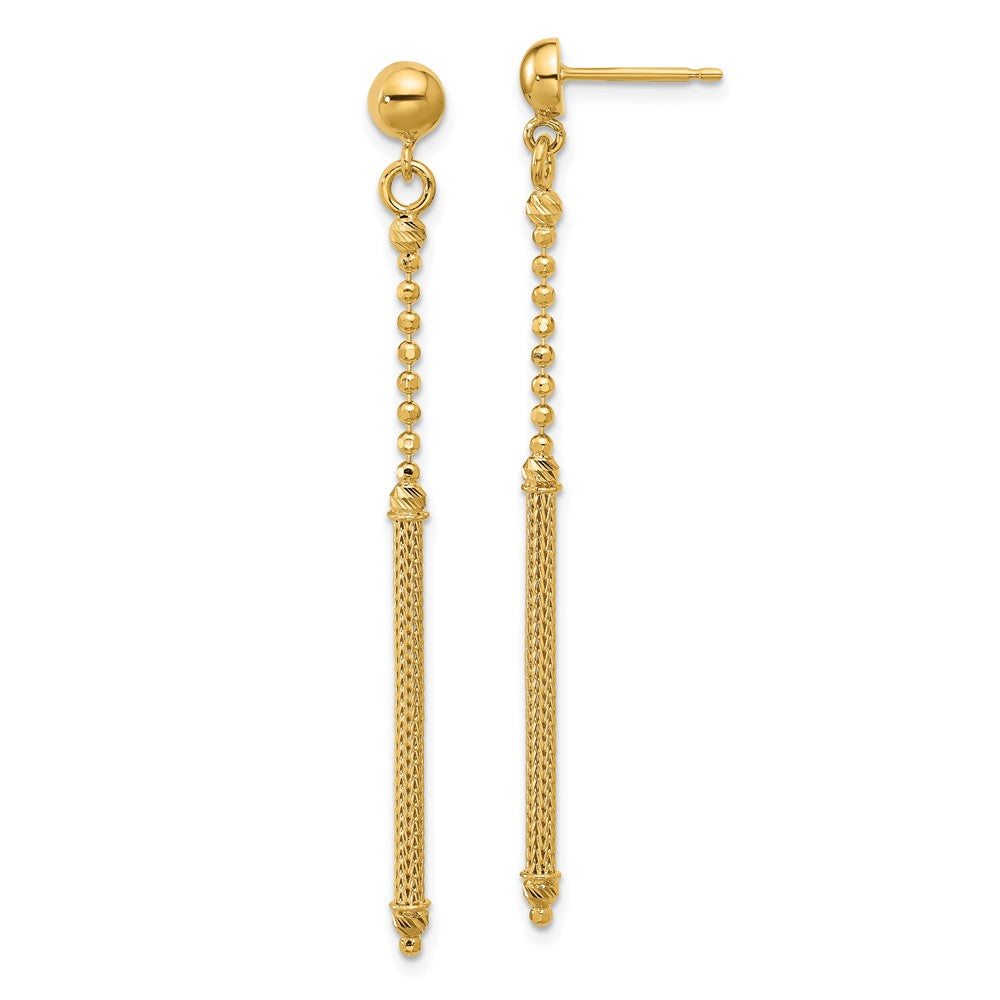 14K Yellow Gold Polish/Texture/Dia Cut Bead Bar Dangle Post Earrings