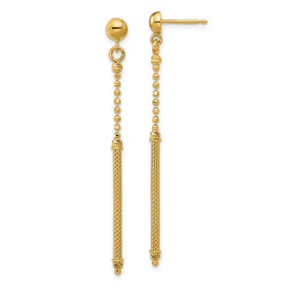 14K Yellow Gold Polish/Texture/Dia Cut Bead Bar Dangle Post Earrings