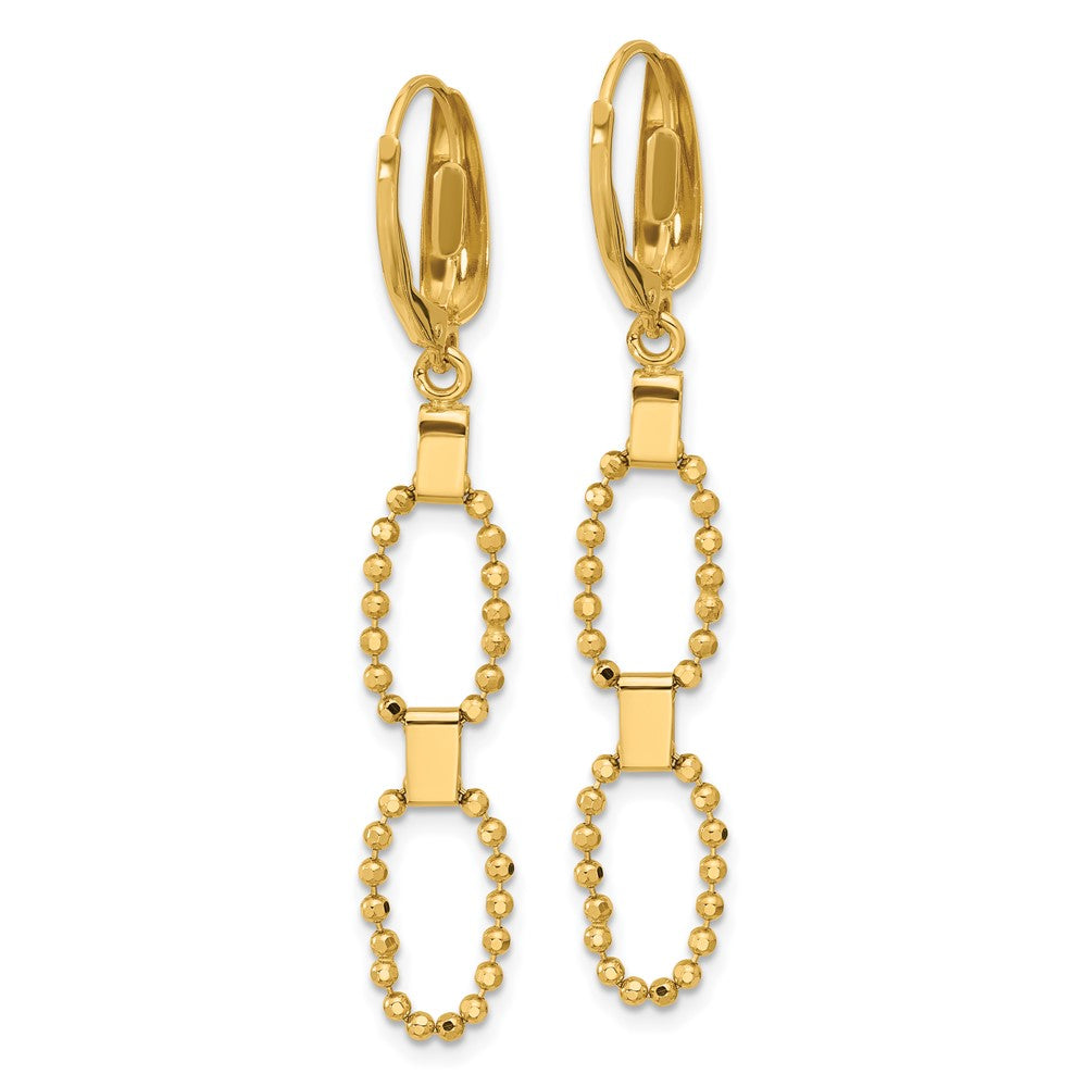 14K Yellow Gold Polished/Dia Cut Beaded Link Dangle Leverback Earrings