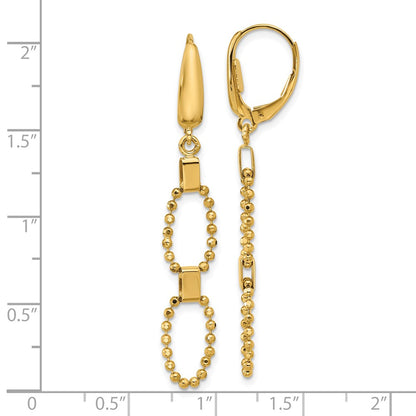 14K Yellow Gold Polished/Dia Cut Beaded Link Dangle Leverback Earrings