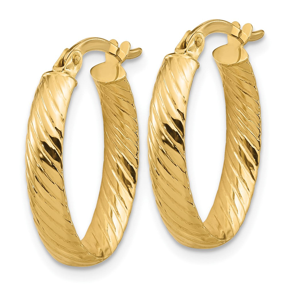 14K Yellow Gold Polished And Grooved Oval Hoop Earrings