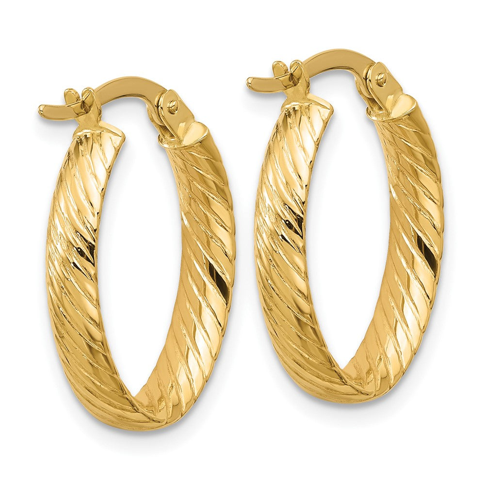 14K Yellow Gold Polished And Grooved Oval Hoop Earrings