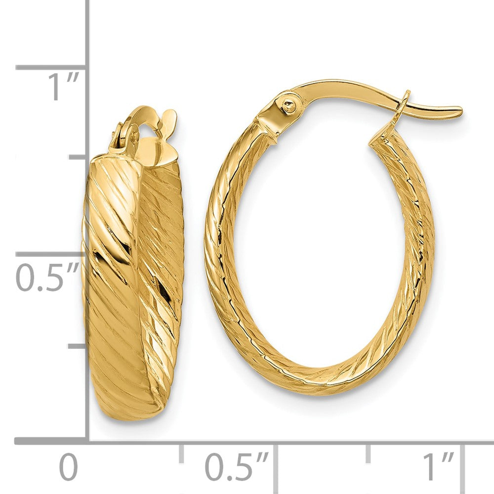 14K Yellow Gold Polished And Grooved Oval Hoop Earrings