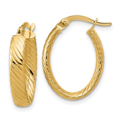 14K Yellow Gold Polished And Grooved Oval Hoop Earrings