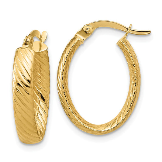 14K Yellow Gold Polished And Grooved Oval Hoop Earrings