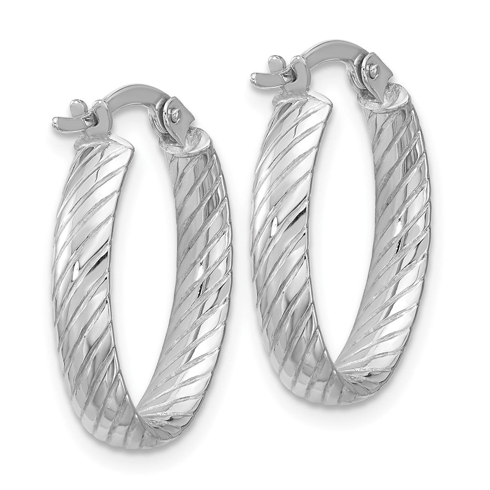 14K White Gold Polished And Grooved Oval Hoop Earrings