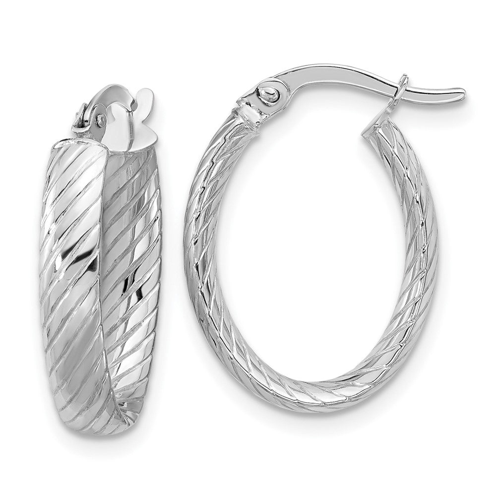14K White Gold Polished And Grooved Oval Hoop Earrings