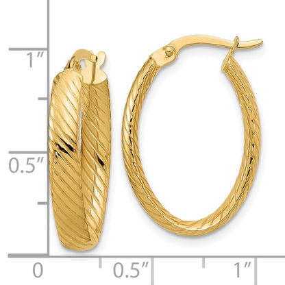 14K Yellow Gold Polished And Grooved Oval Hoop Earrings