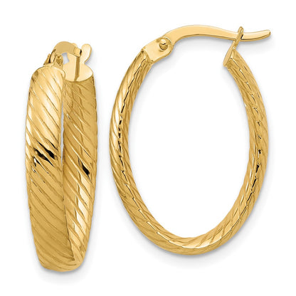 14K Yellow Gold Polished And Grooved Oval Hoop Earrings