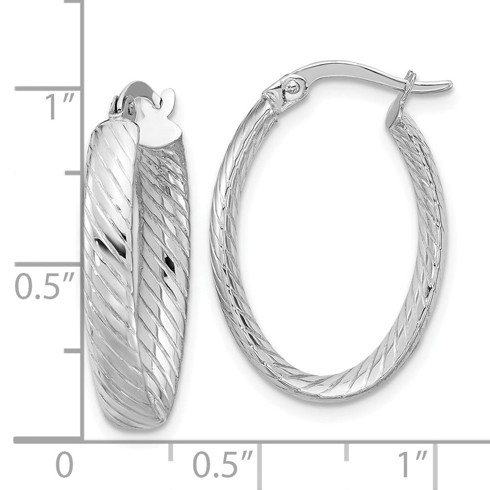 14K White Gold Polished And Grooved Oval Hoop Earrings