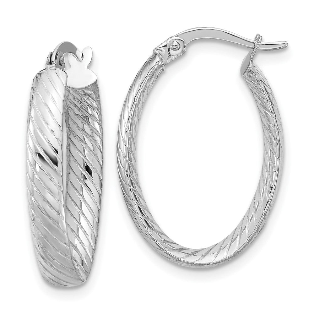 14K White Gold Polished And Grooved Oval Hoop Earrings