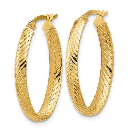 14K Yellow Gold Polished And Grooved Oval Hoop Earrings